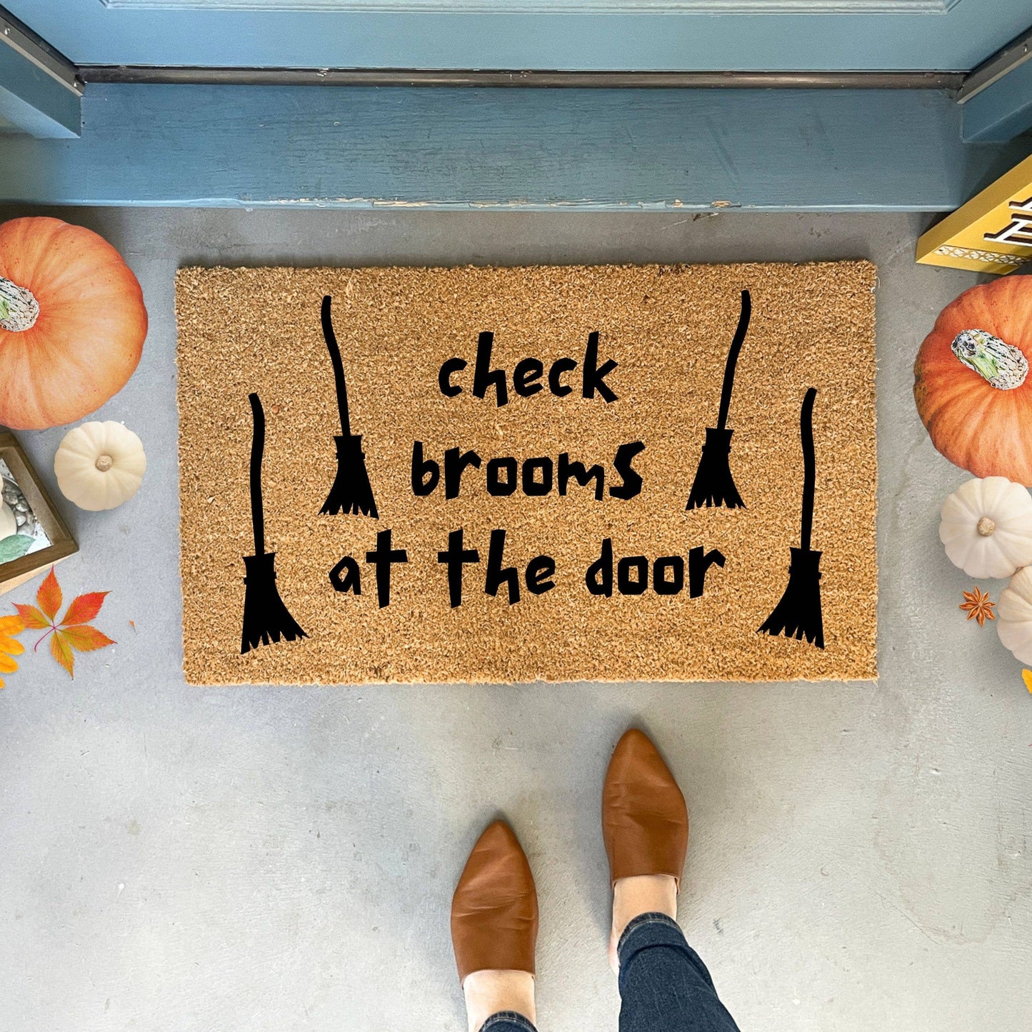 Check Brooms At The Door Funny Witch Doormat - Halloween