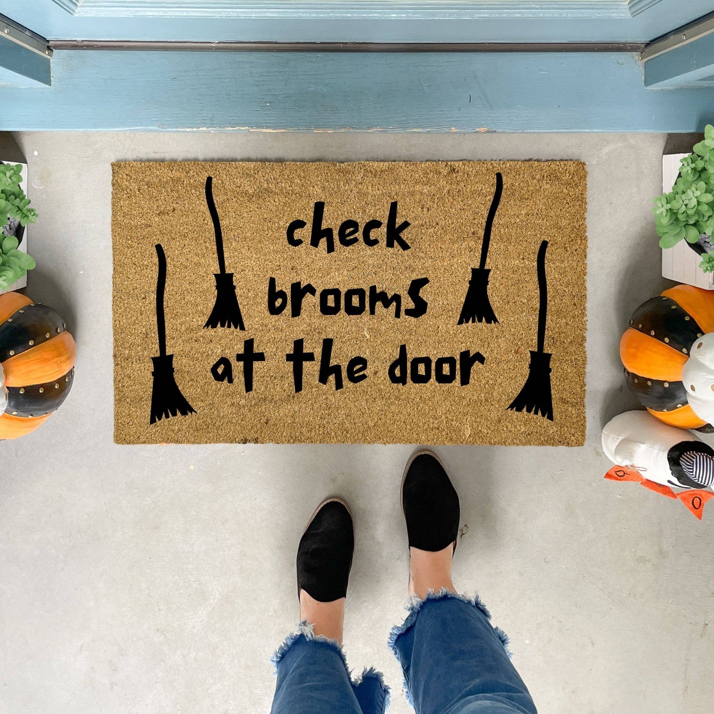Check Brooms At The Door Funny Witch Doormat - Halloween