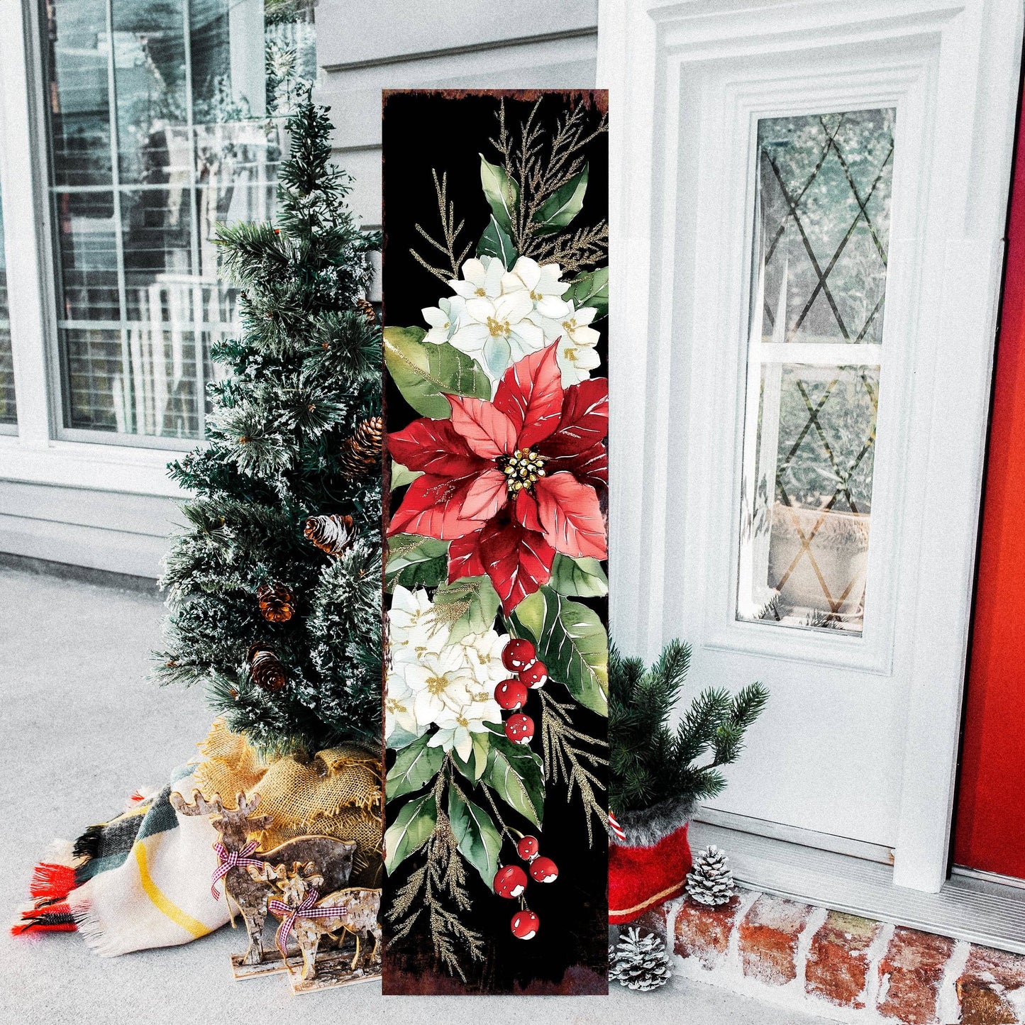 Merry Christmas Poinsettia Vertical Porch Sign | Outdoor Holiday Decor