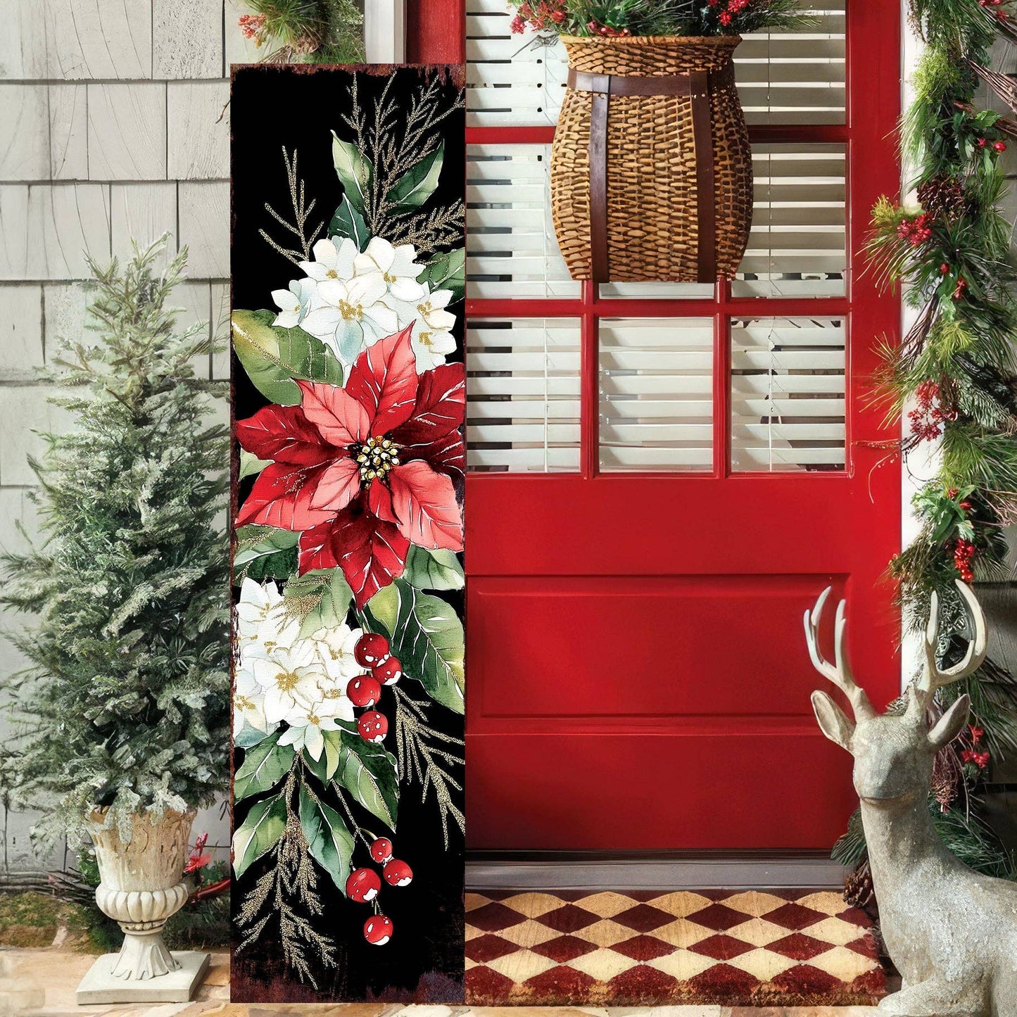 Merry Christmas Poinsettia Vertical Porch Sign | Outdoor Holiday Decor