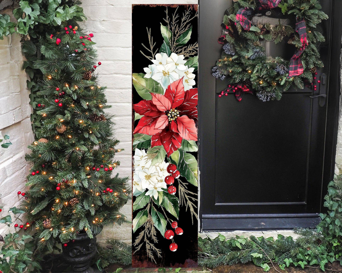 Merry Christmas Poinsettia Vertical Porch Sign | Outdoor Holiday Decor