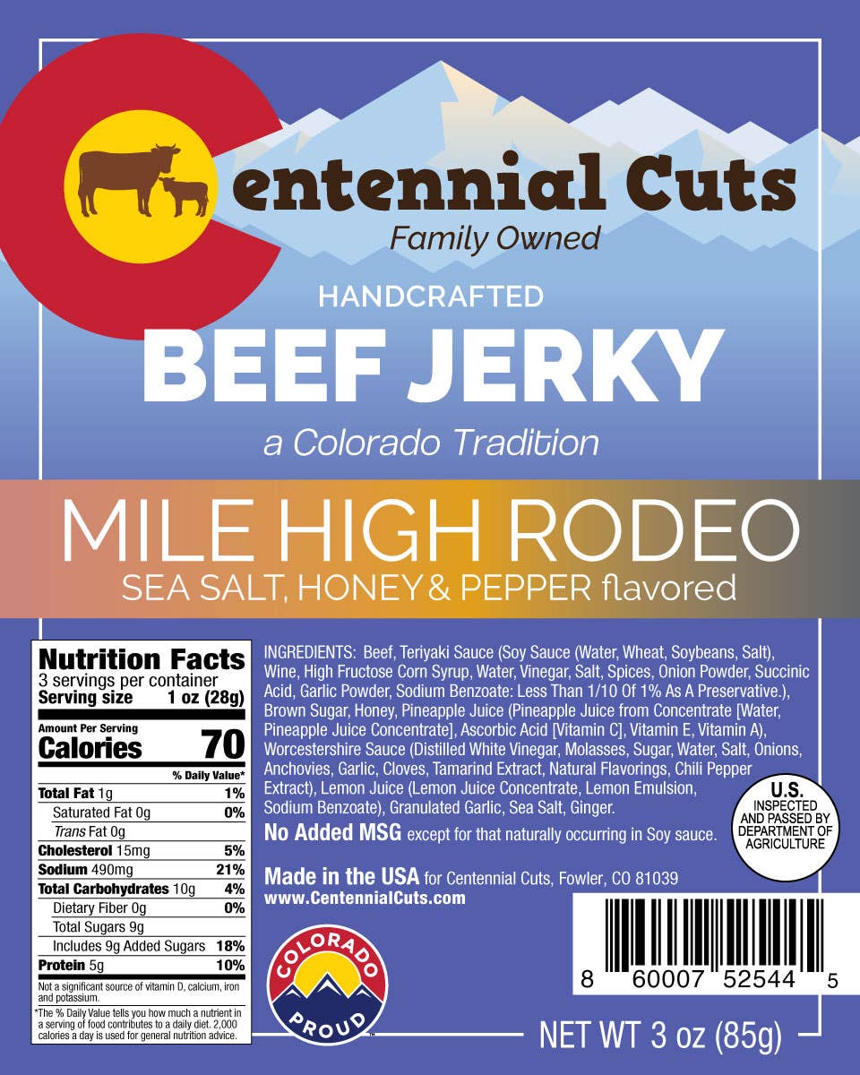 3 oz Mile High Rodeo Sea Salt, Honey and Pepper Jerky