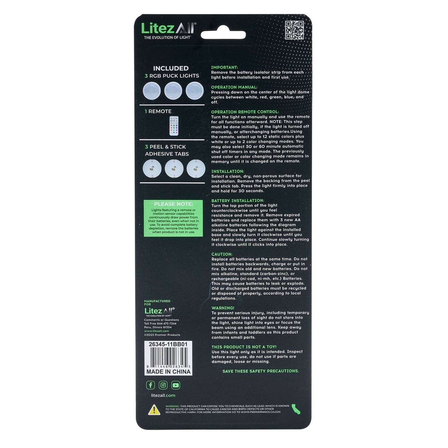 LitezAll Remote Control RGB Puck Lights 3 Pack