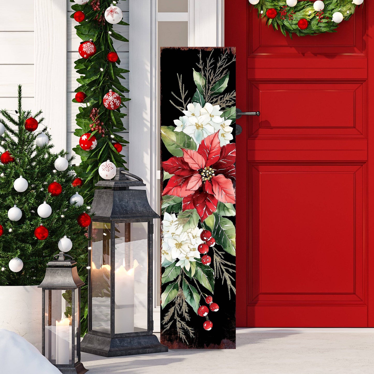 Merry Christmas Poinsettia Vertical Porch Sign | Outdoor Holiday Decor