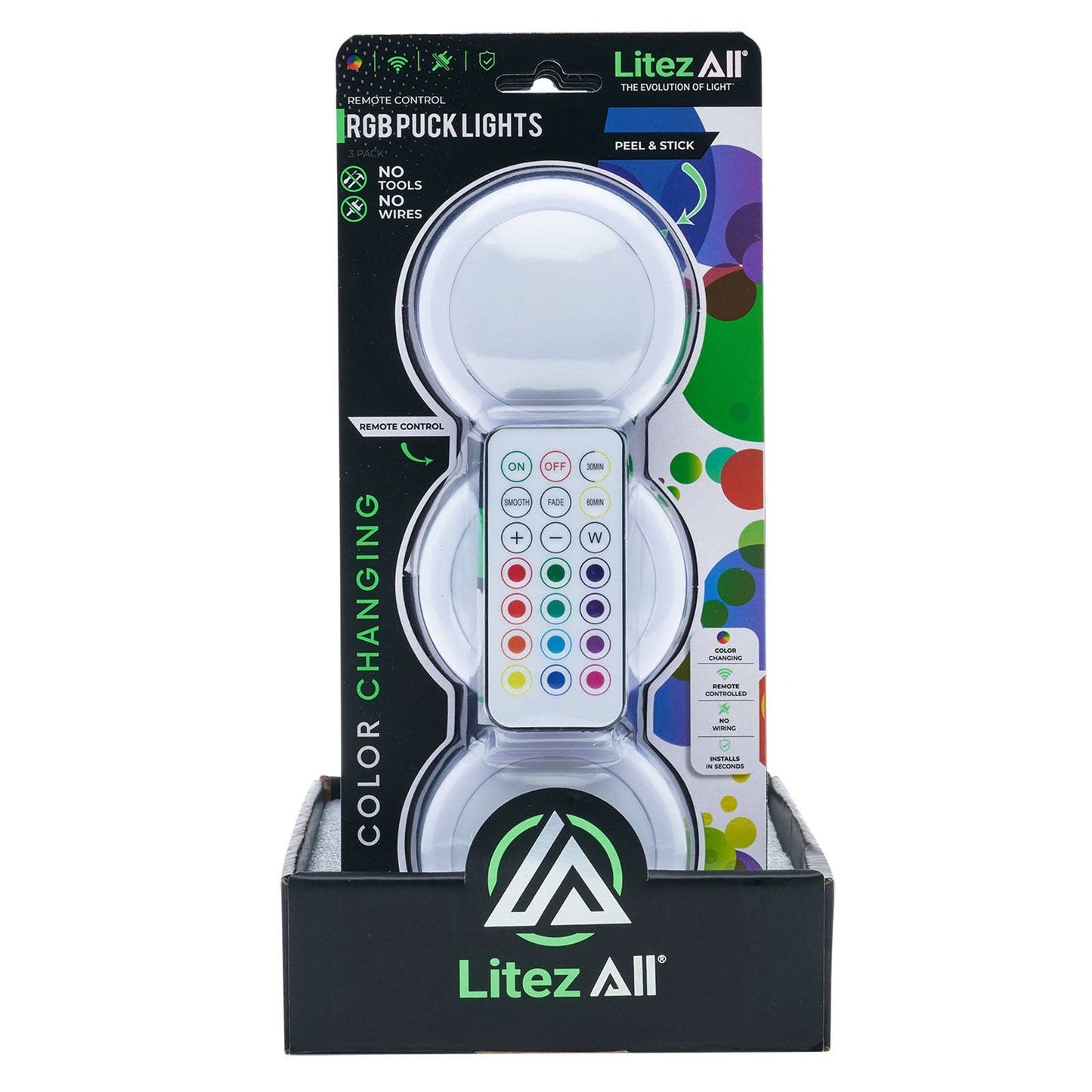 LitezAll Remote Control RGB Puck Lights 3 Pack