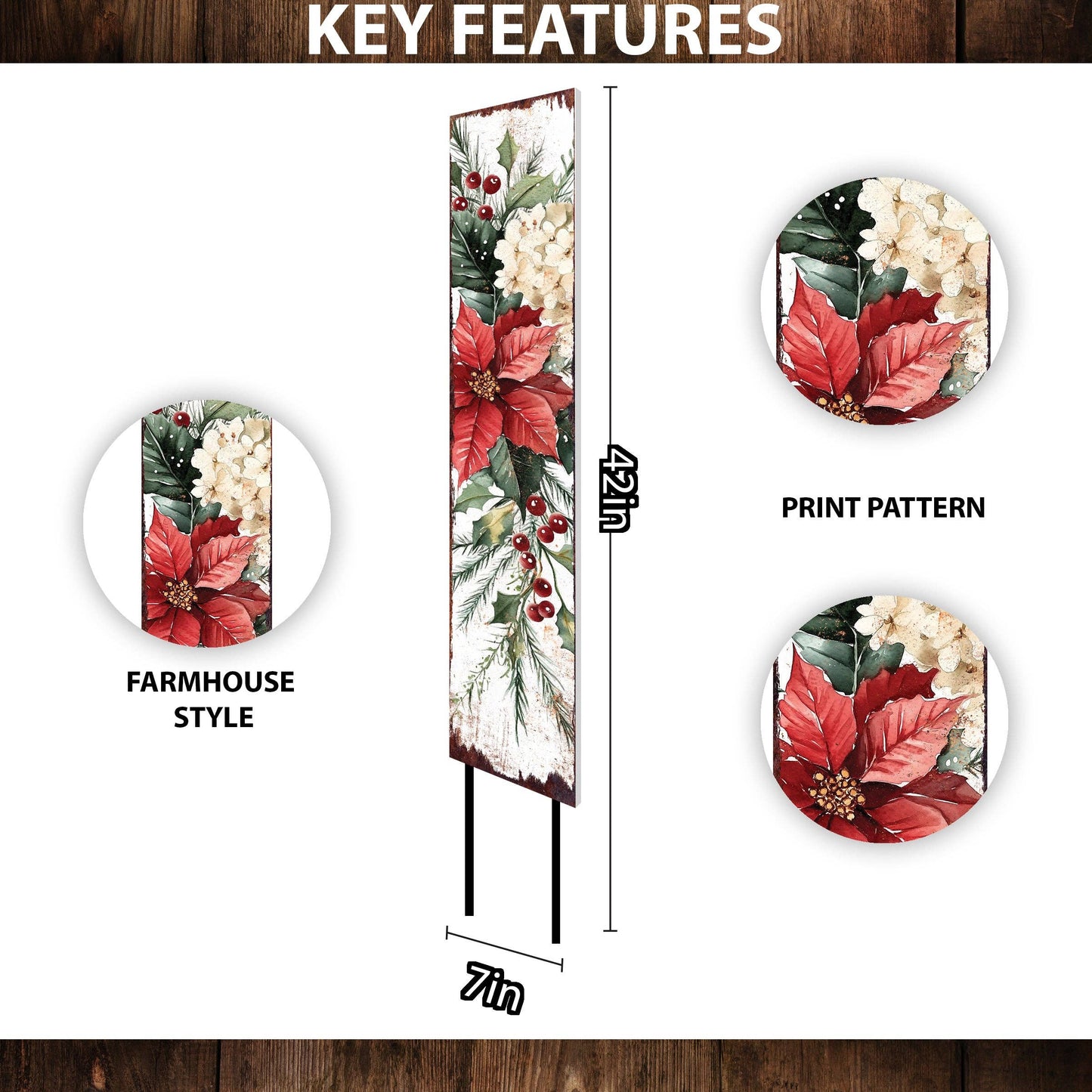 42in Merry Christmas Garden Stake | Poinsettia Outdoor Holiday Decor Gift