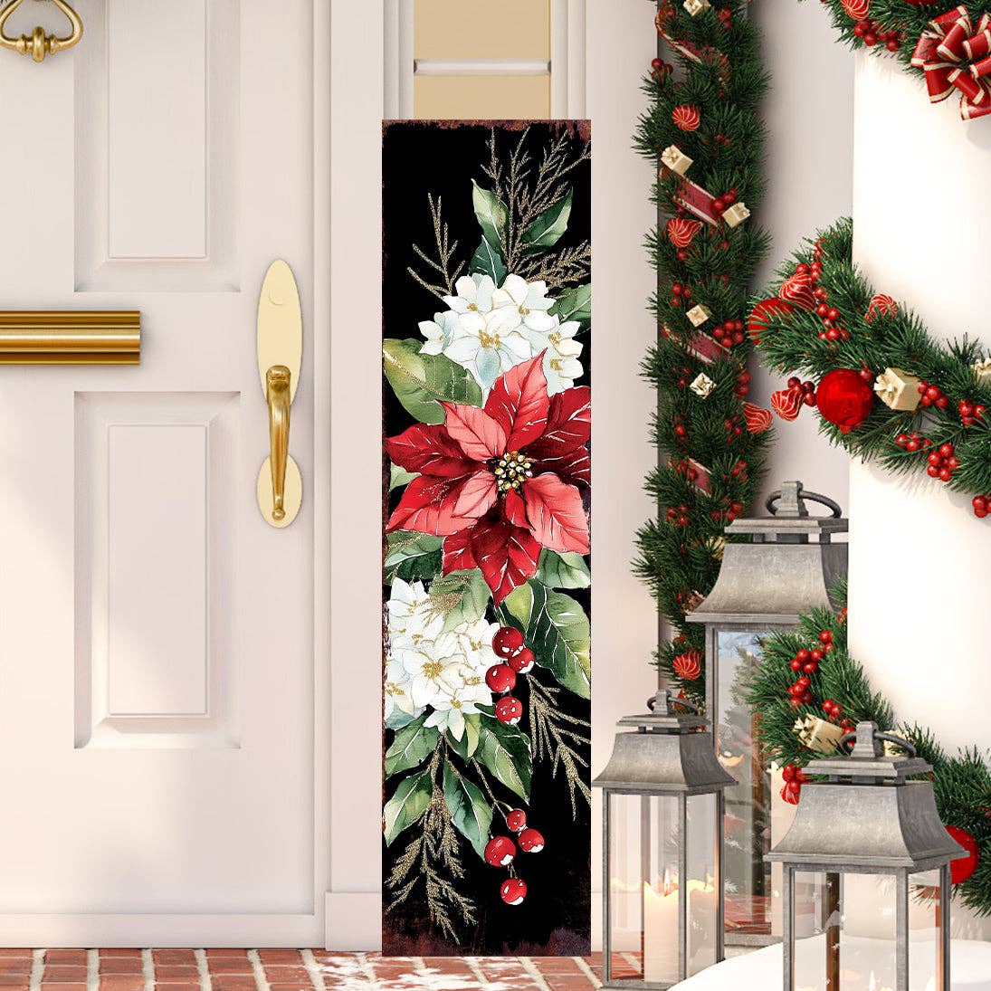 Merry Christmas Poinsettia Vertical Porch Sign | Outdoor Holiday Decor