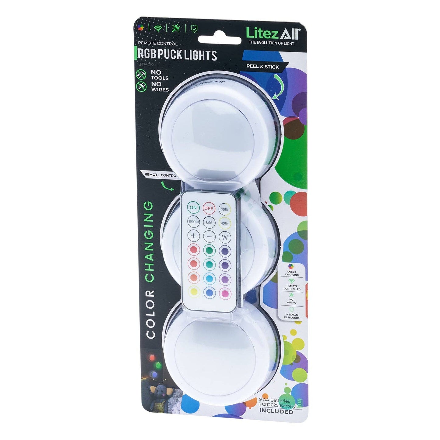 LitezAll Remote Control RGB Puck Lights 3 Pack