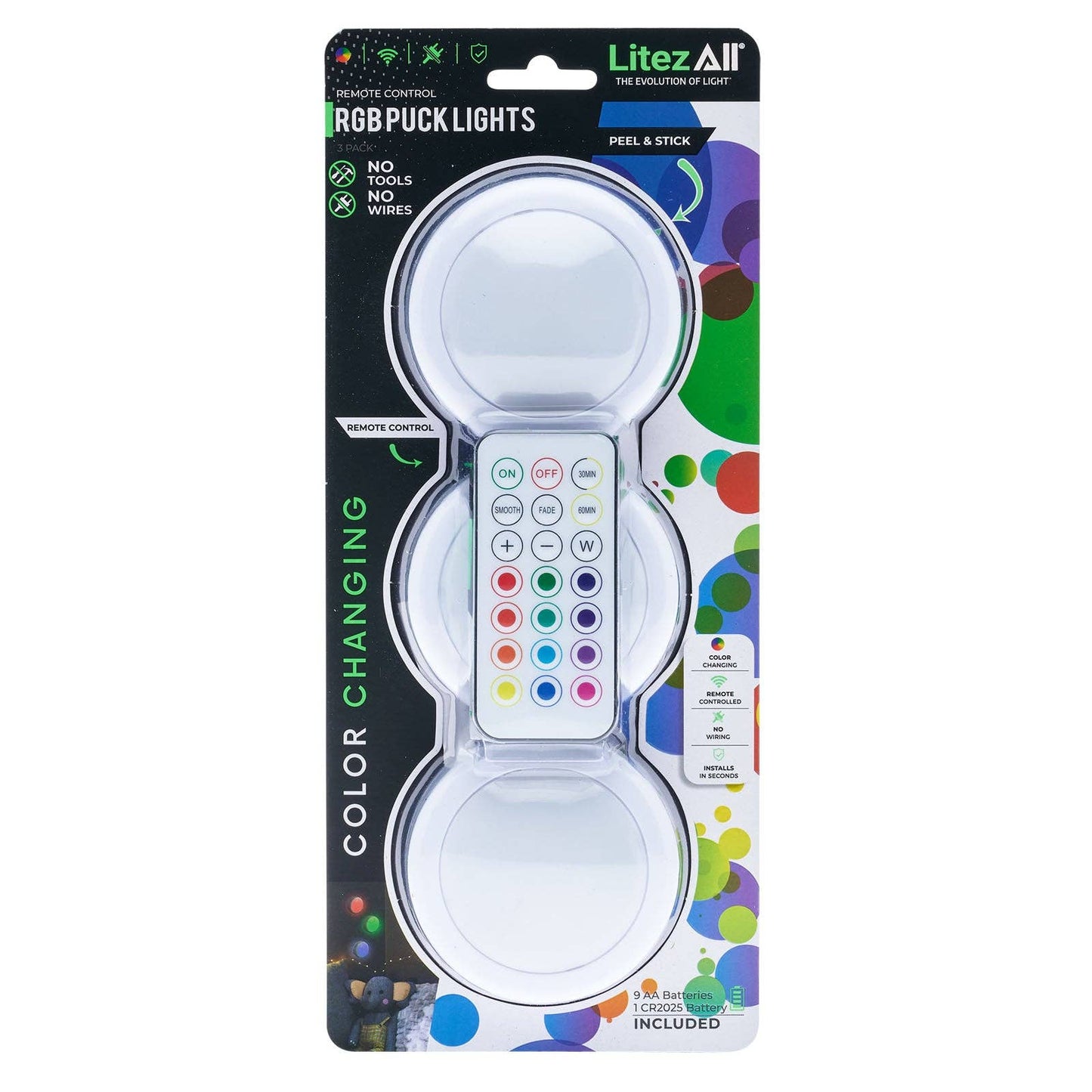 LitezAll Remote Control RGB Puck Lights 3 Pack