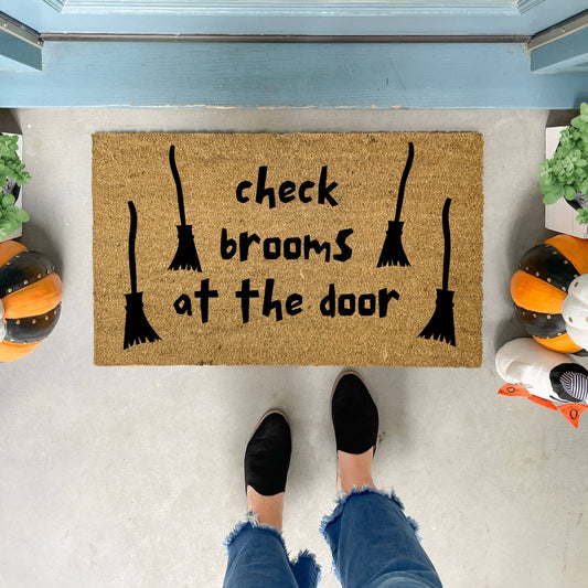 Check Brooms At The Door Funny Witch Doormat - Halloween