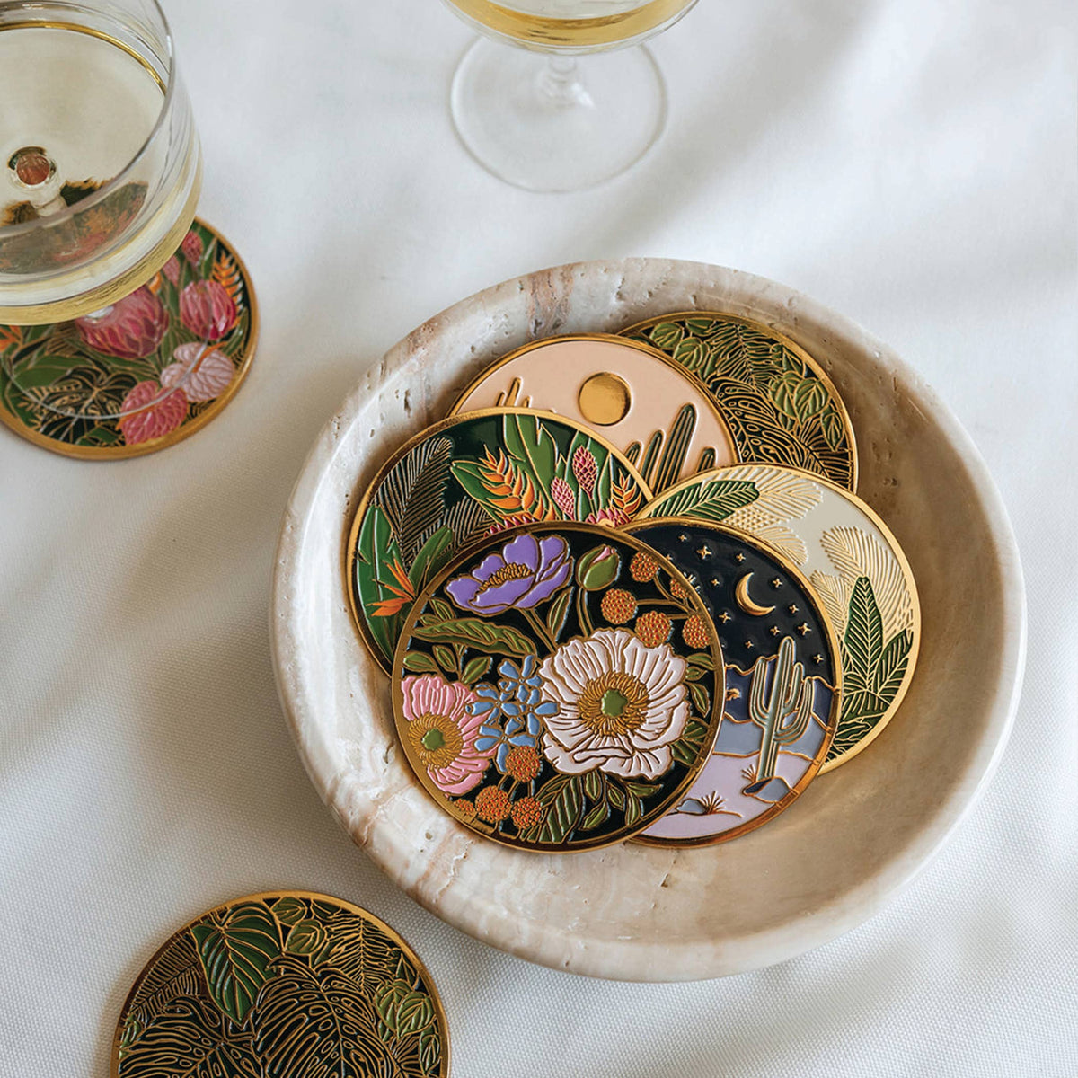 Vibrant Flora Gold Drink Coasters | Holiday + Hostess Gifts