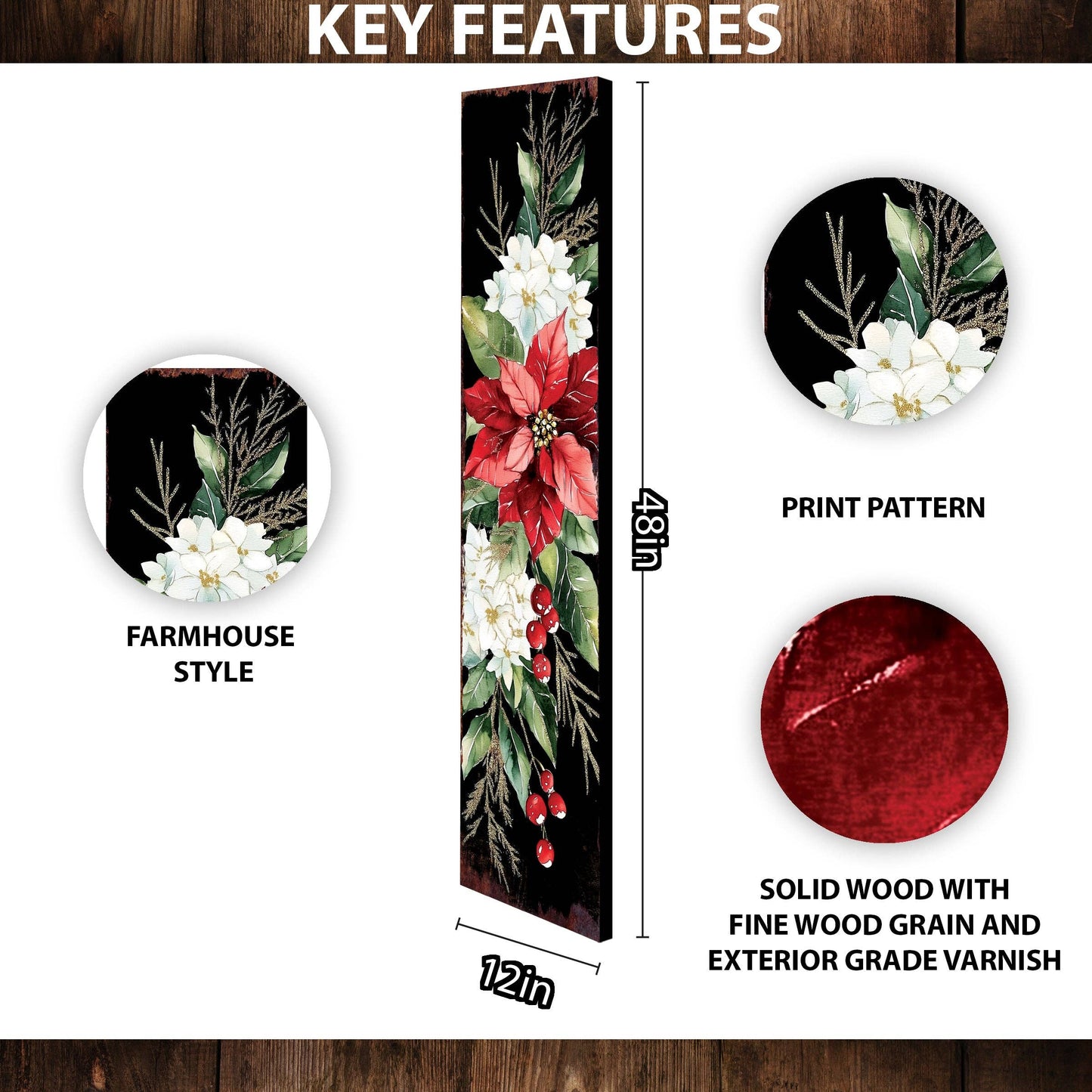 Merry Christmas Poinsettia Vertical Porch Sign | Outdoor Holiday Decor