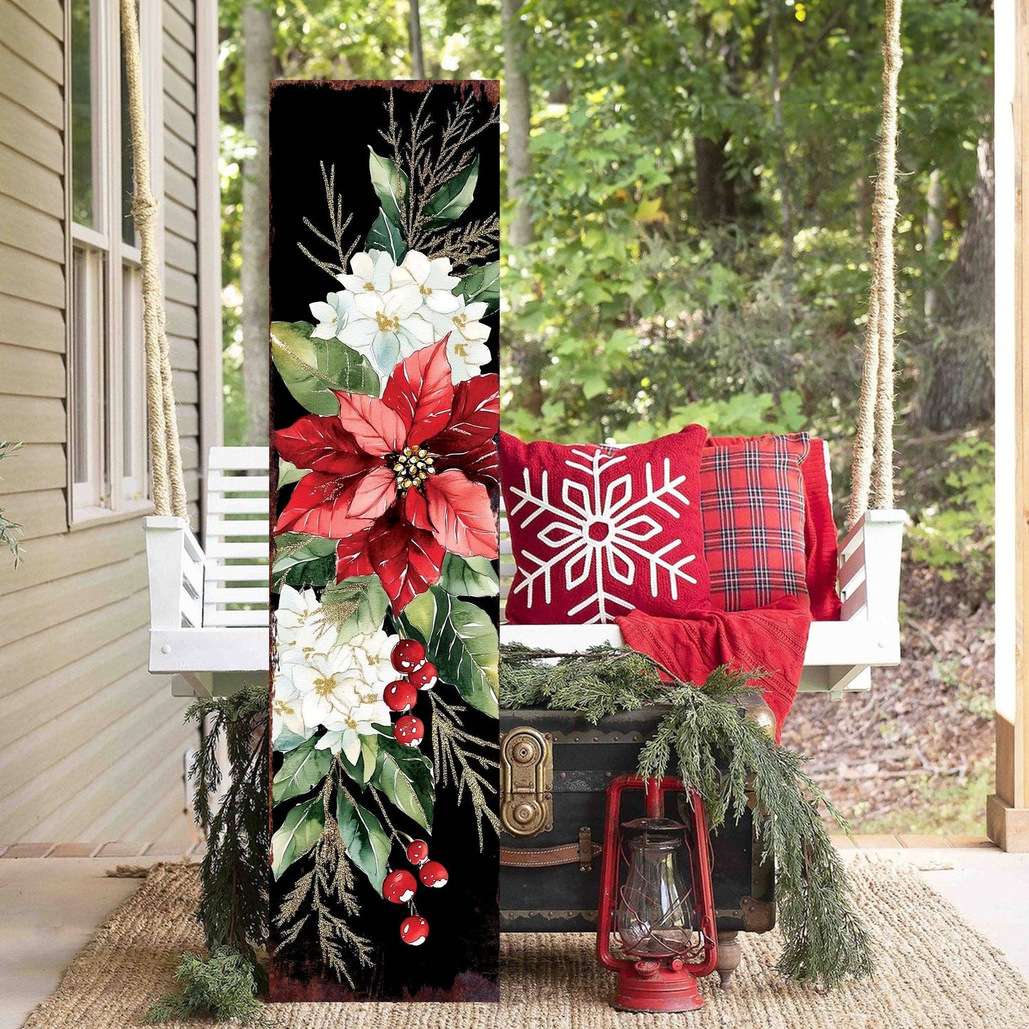 Merry Christmas Poinsettia Vertical Porch Sign | Outdoor Holiday Decor