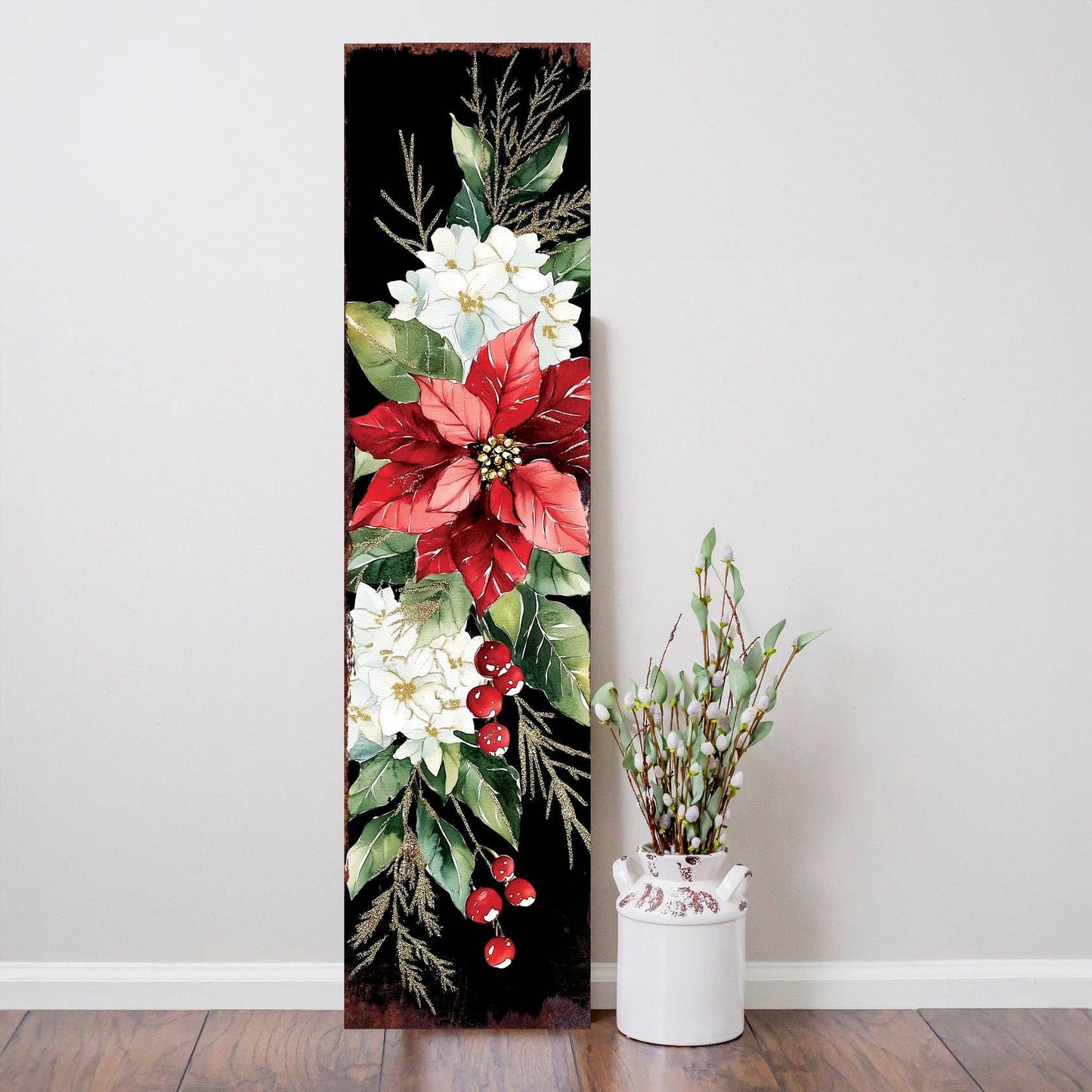 Merry Christmas Poinsettia Vertical Porch Sign | Outdoor Holiday Decor