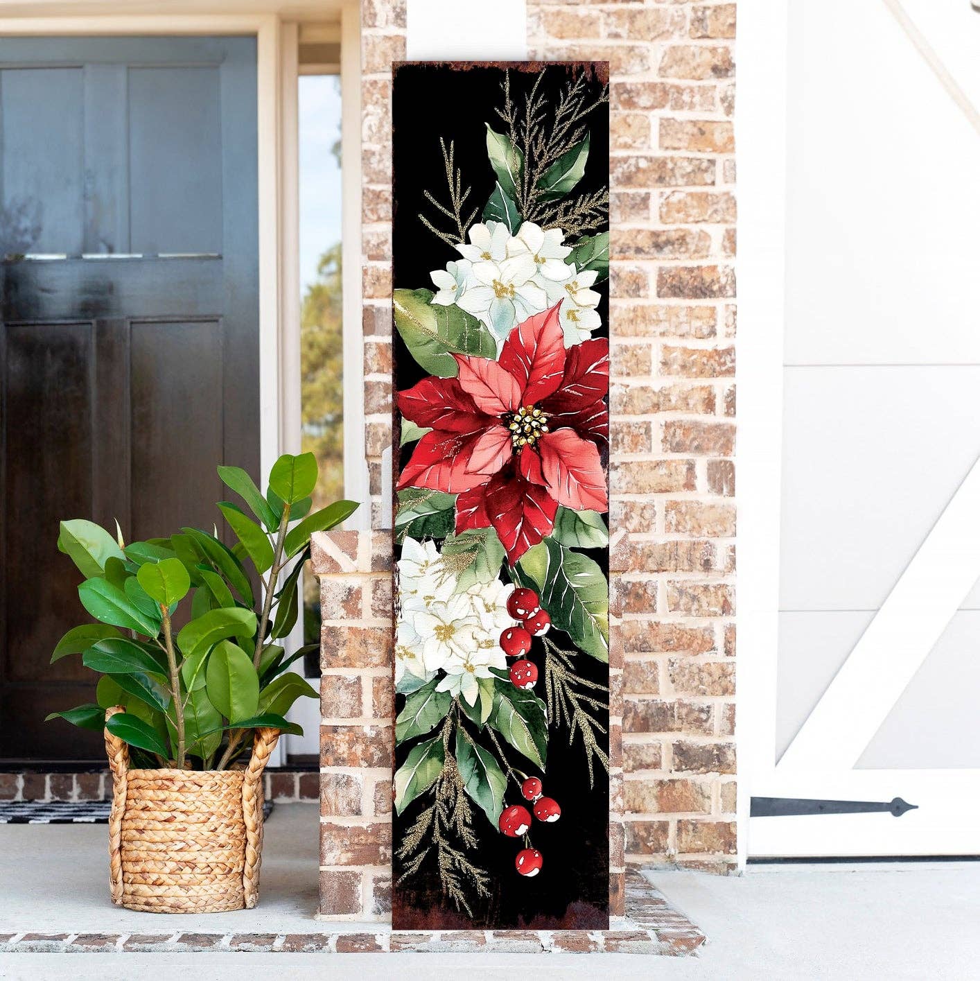 Merry Christmas Poinsettia Vertical Porch Sign | Outdoor Holiday Decor