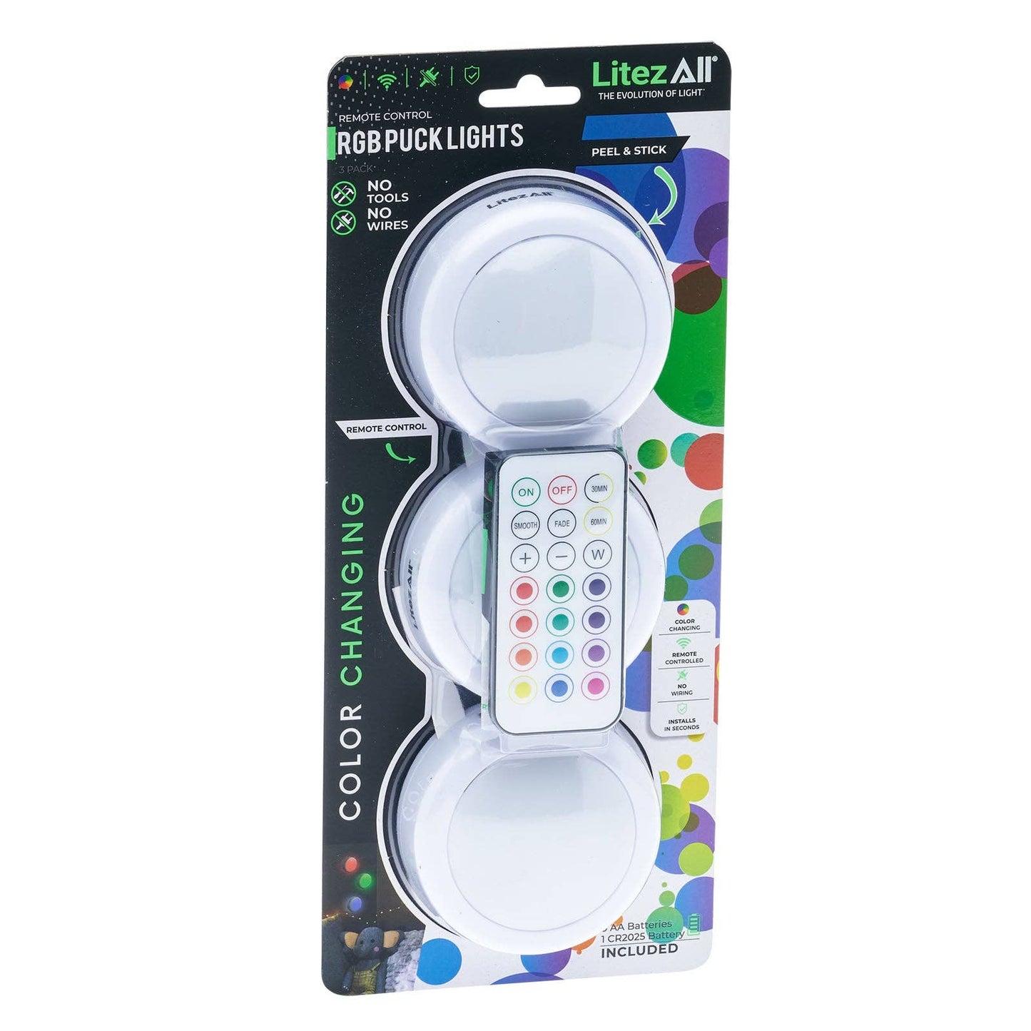 LitezAll Remote Control RGB Puck Lights 3 Pack