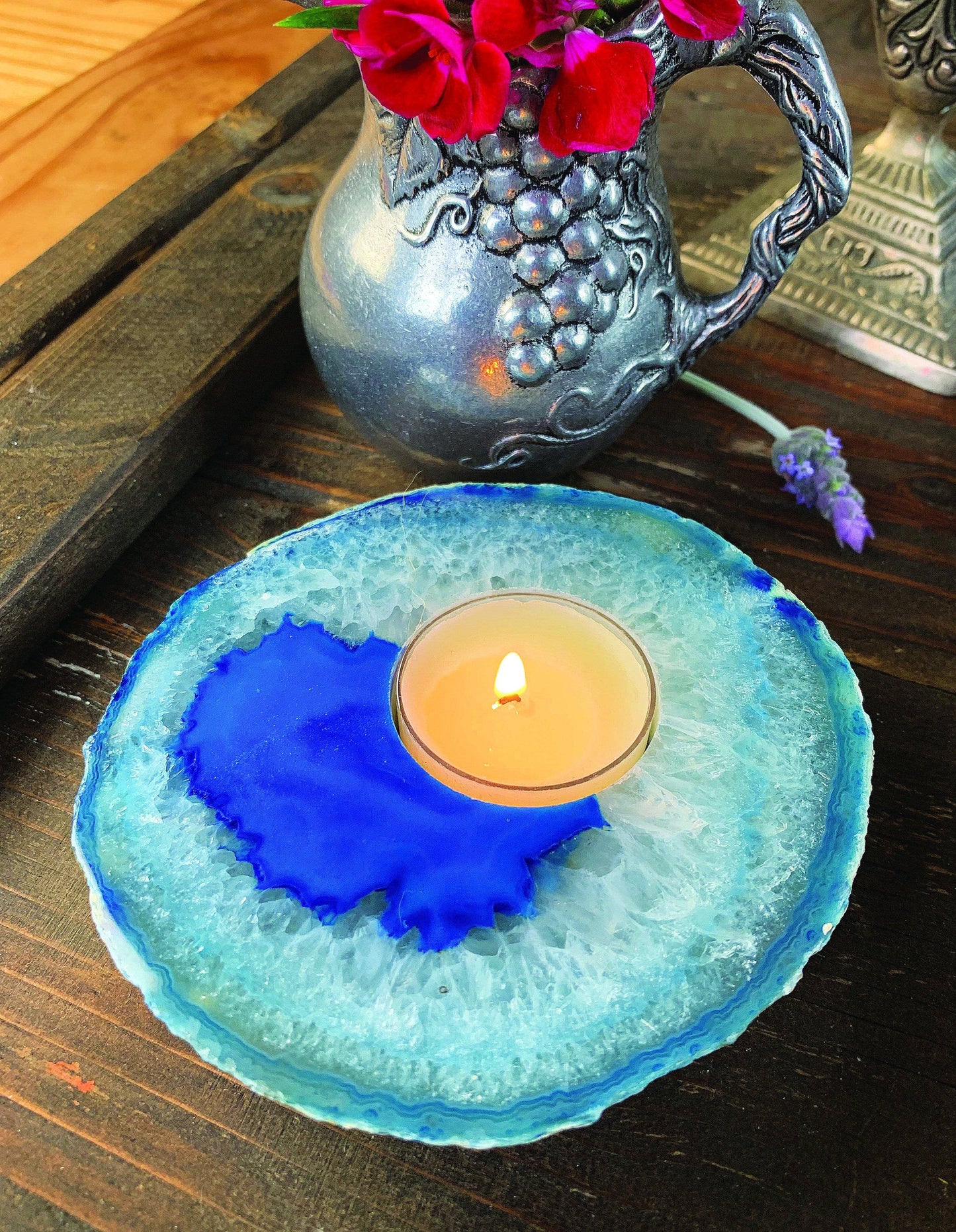Agate Slab Crystal Candle Holder - Blue