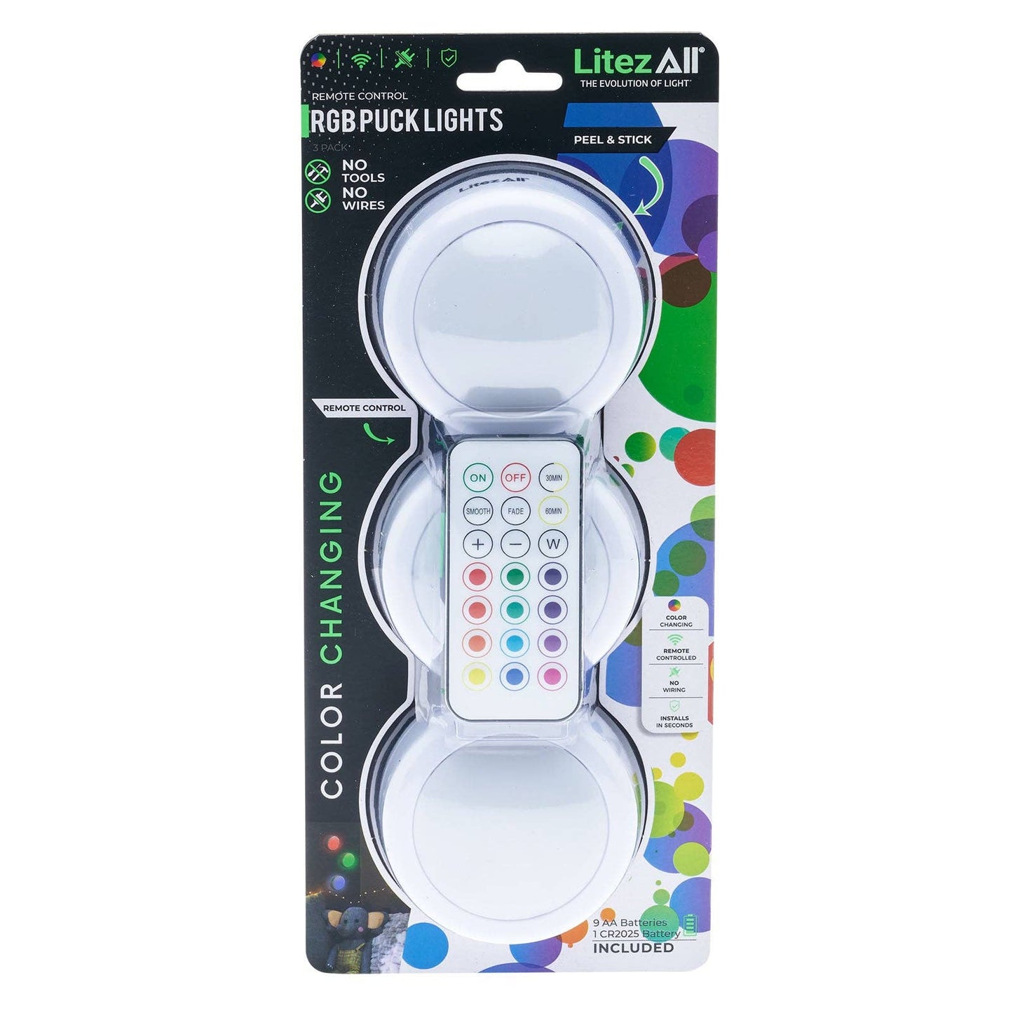 LitezAll Remote Control RGB Puck Lights 3 Pack