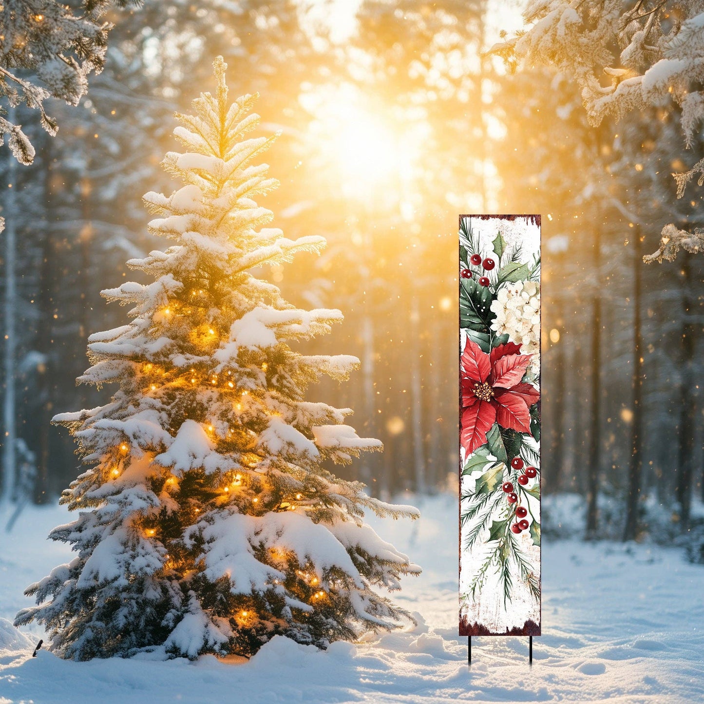 42in Merry Christmas Garden Stake | Poinsettia Outdoor Holiday Decor Gift